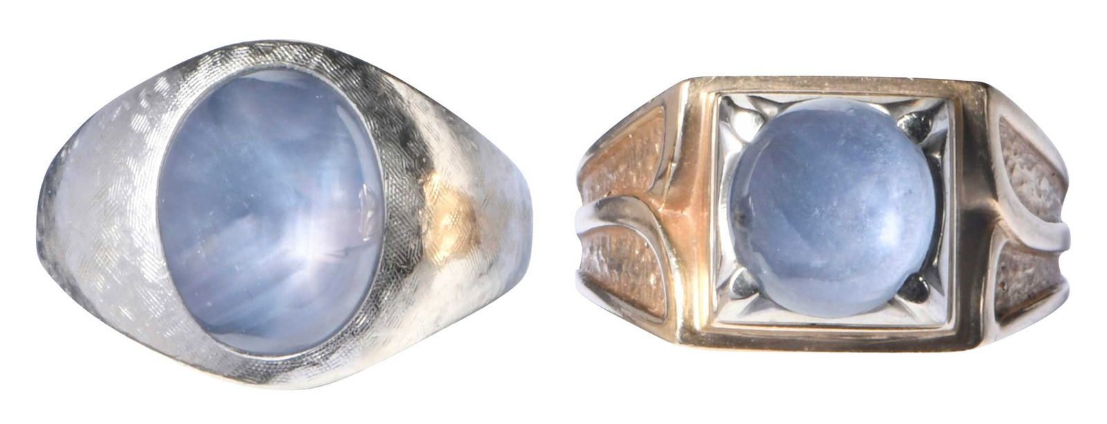 Two Men's Gold Blue Star Sapphire Rings: round cabochon light blue star sapphire, approx. 10.0mm diameter, marked "KB, 14K", yellow gold, 9-1/4 ring sz., 8.8 g; bezel set, oval cabochon light blue star sapphire, approx. 13.0 x 10.0mm,