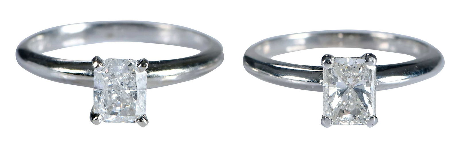 Two 14kt. Solitaire Radiant Cut Diamond Rings: radiant mixed cut diamond, approx. 1.00ct., SI, H-I, marked "14K", white gold, 7-1/4 ring sz., 2.5 g; rectangular modified brilliant cut diamond, approx. 1.00ct., SI, H-I, marked "14K", white gold,