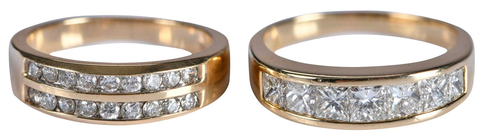 Two 14kt. Channel Set Diamond Bands: seven square princess cut diamonds, approx. 1.00ctw., VS-SI, I-J, marked "14K", yellow gold, 7-3/4 ring sz.; 18 round full cut diamonds, approx. 0.50ctw., SI, H-I, marked "GGP, 14K", yellow gold, 6-1/