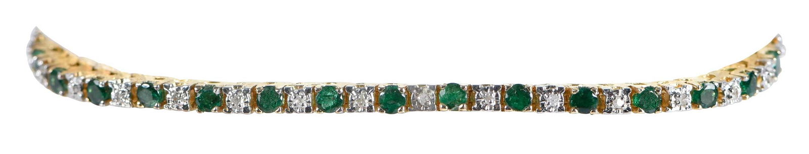 14kt. Diamond and Emerald Tennis Bracelet: 30 round full cut emeralds, 30 round single cut diamonds, marked "14kt", yellow gold, 7 in. length, 2.5mm wide, 9.5 g Provenance: Private Collection Note: Brunk Auctions makes no warranty or guarantee
