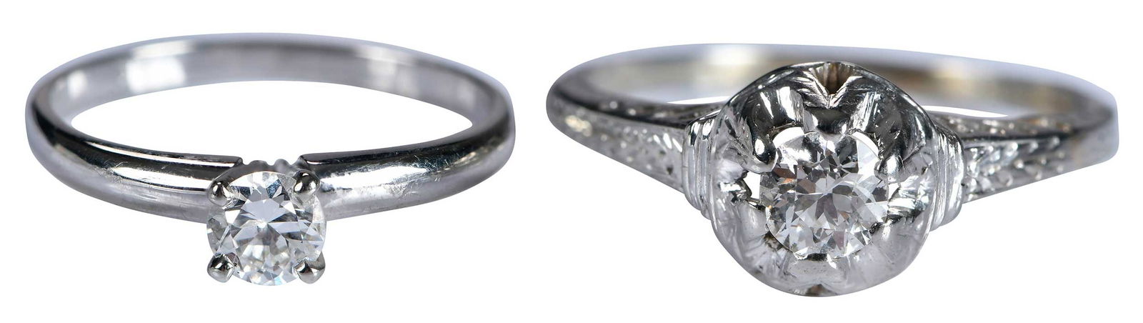 Two 18kt. Solitaire Diamond Rings: art deco design, round full cut diamond, approx. 0.40ct., SI, J-K, marked "18K", white gold, six prongs, 8-3/4 ring sz.; round full cut diamond, approx. 0.25ct., VS, I-J, marked "18K", white gold, 6-1