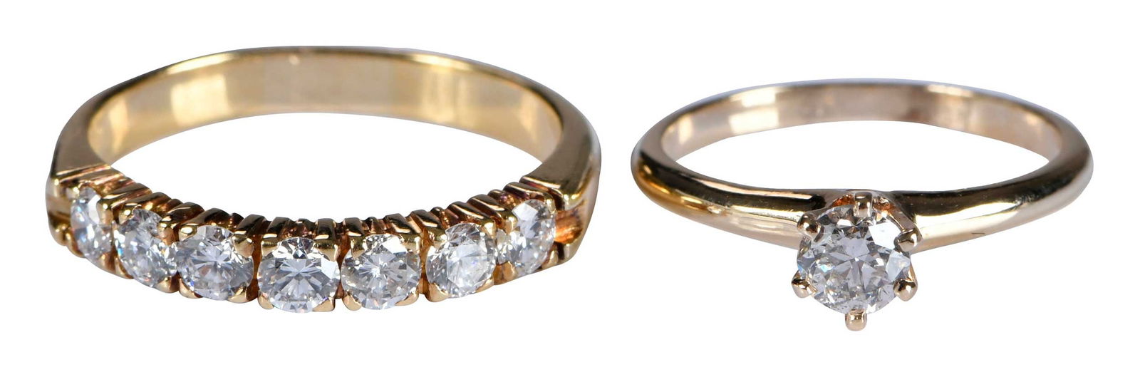 14kt. Diamond Ring Set, Solitaire and Band: solitaire round brilliant cut diamond, approx. 0.44ct., SI-I, I-J, marked "14kt", yellow gold, six prongs, 5-1/2 ring sz.; seven round brilliant cut diamonds, approx. 1.00ct., SI, G-I, marked "14kt",