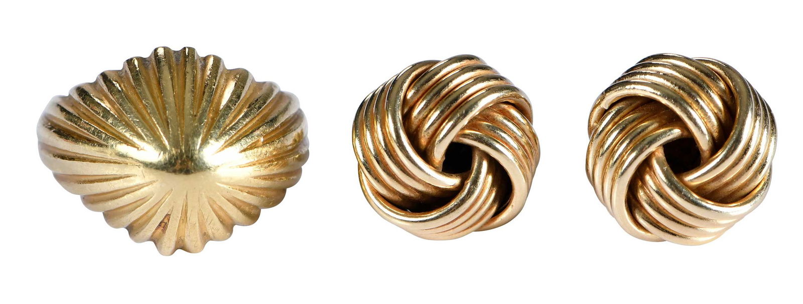 Two Gold Jewelry Items, 18kt. Dome Ring and 14kt. Love Knot Earrings: scallop design, marked "ITALY, 18K", yellow gold, 2-1/2 ring sz., 5.5 g; ribbed design, marked "585", yellow gold, high polish, post back, 12.0mm diameter, 3.6 g Provenance: Private Collection, North