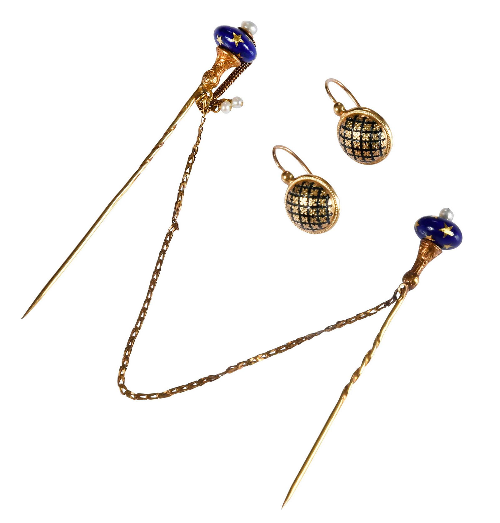 Victorian Enamel Earrings and Stick Pin Set: black enamel button drop earrings, lever backs, tests 18kt. yellow gold, 10mm diameter, 16mm drop, 1.2 g; two royal blue capped matching stick pins, four seed pearls, tests 18kt. yellow gold, 2-1/8 in