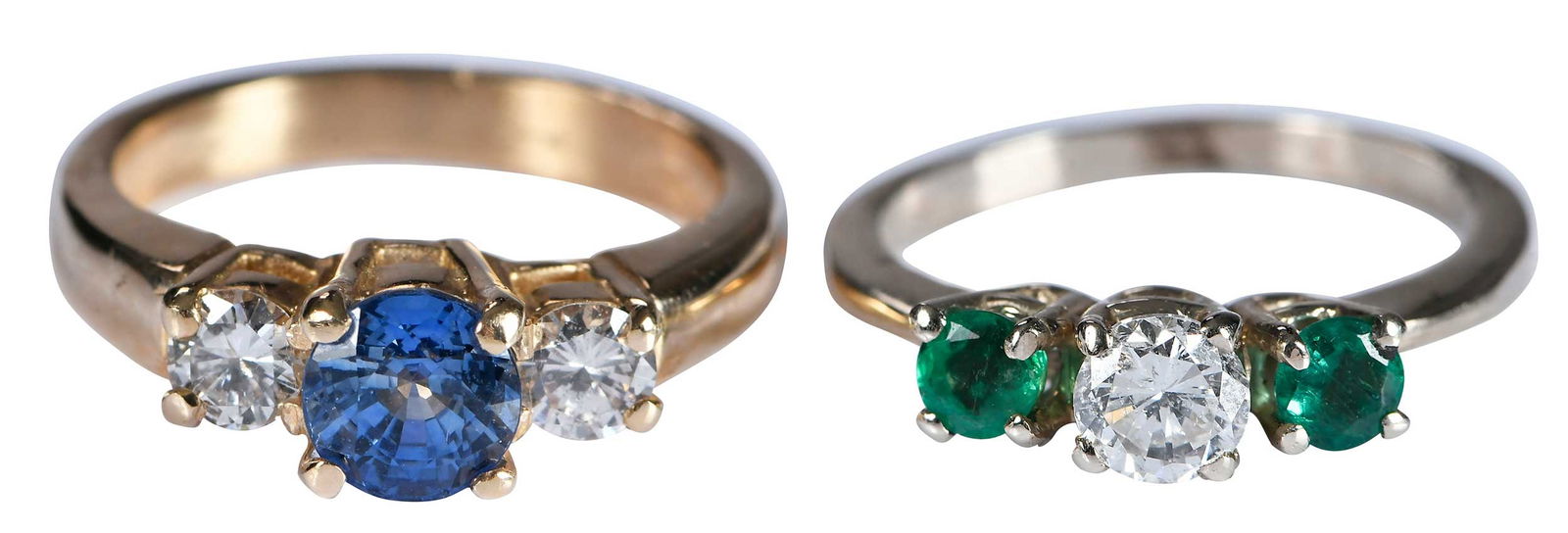 Two 14kt. Three Stone Rings with Diamond, Emerald, and Blue Sapphire (1 of 6)