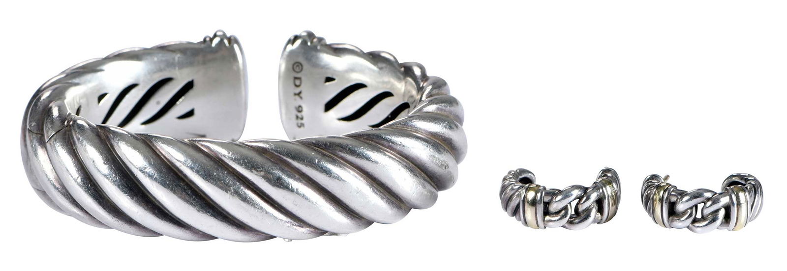 Sterling Silver David Yurman Cuff Bracelet and Hoop Earrings with 18kt.: sculpted cable cuff, 17mm wide, hinged opening, marked "DY, 925", sterling silver, 6 in. inside measurement, 68.5 g; sculpted Belmont curb link hoops, 19mm length, marked "DY, 925, 750", sterling silv