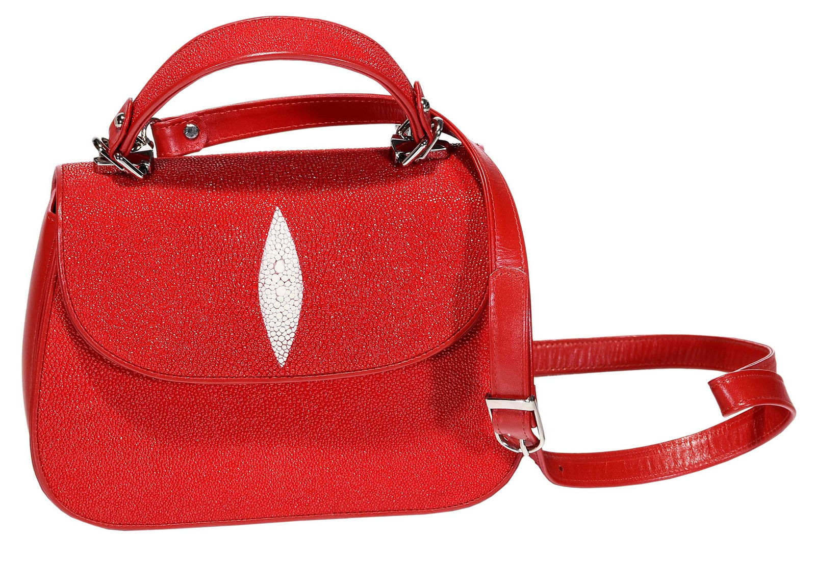 Red Stingray Crossbody bag: red shagreen and leather, fabric lining, silver tone hardware, and detachable crossbody strap, 7 x 9-1/4 x 3-3/4 in., strap drop 23-3/4 in. Provenance: Private Collection, Asheville, North Carolina