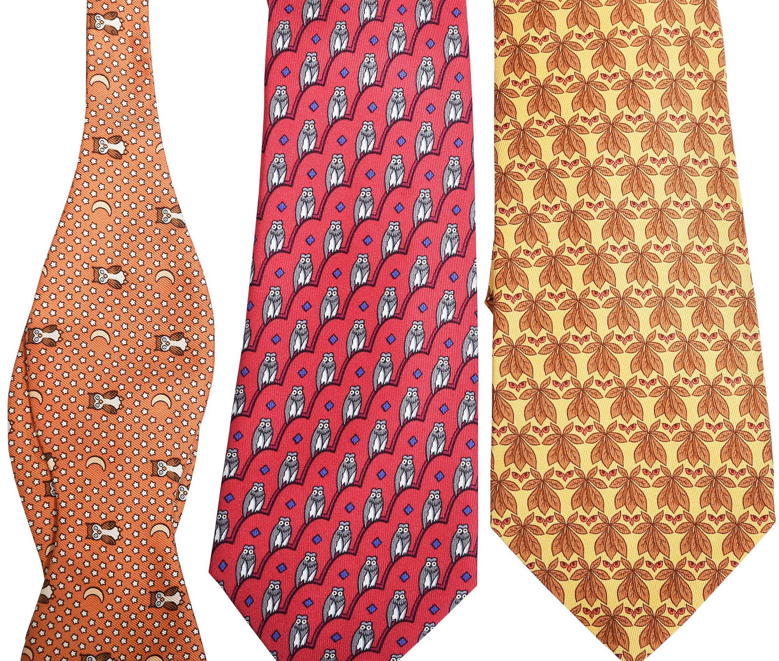Three Hermes Silk Bowties and Ties, Owls (1 of 4)