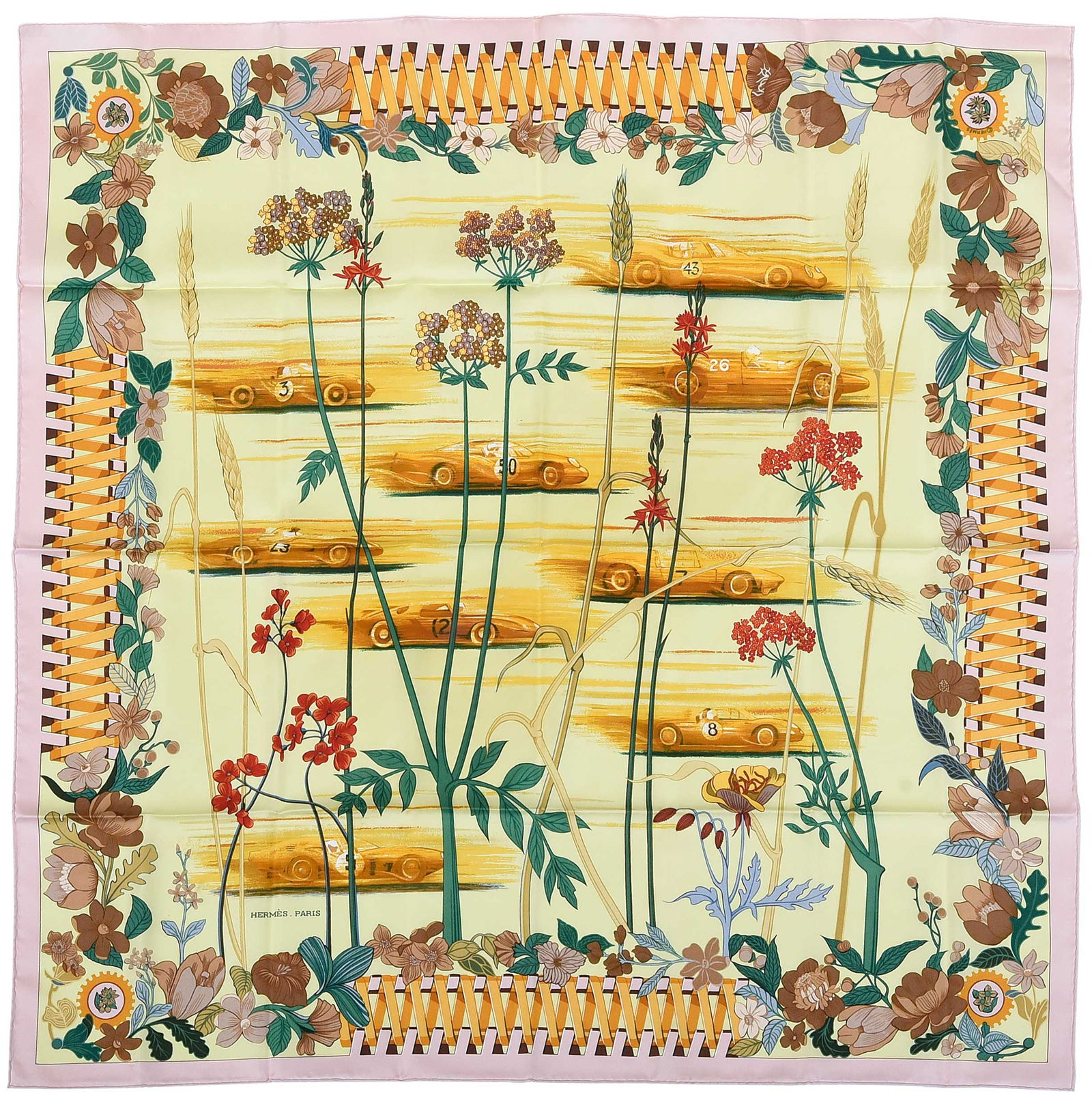 Hermes Les Bolides Silk Scarf: France, designed by Rena Dumas, tag reads "Made in France/100% silk/Dry clean only", 35 x 35 in.Provenance: Private Collection