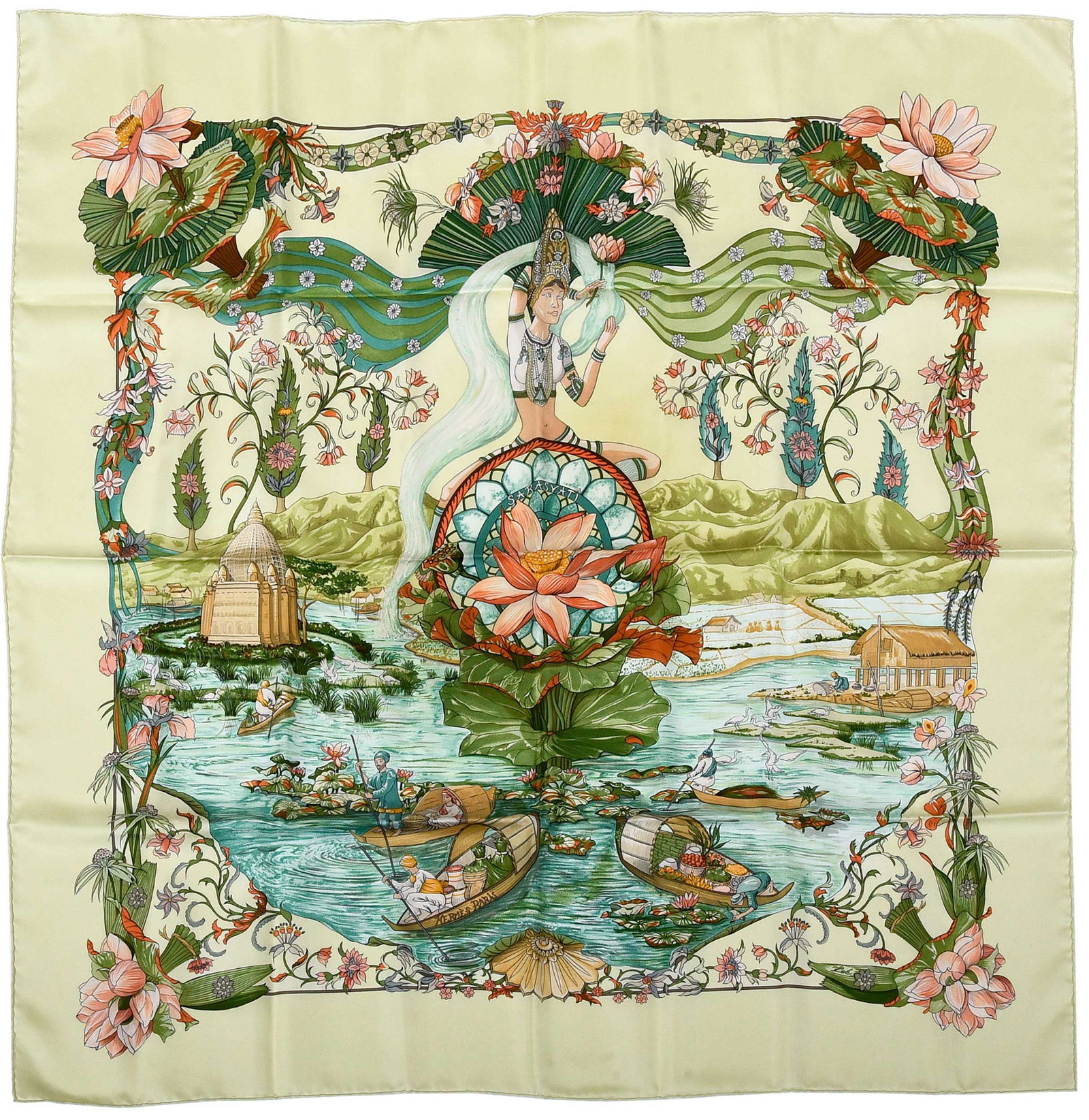 Hermes Sarasvati Silk Scarf: France, designed by Zoe Pauwels, tag reads "Made in France/100% silk/Dry clean only", 35 x 35 in.Provenance: Private Collection