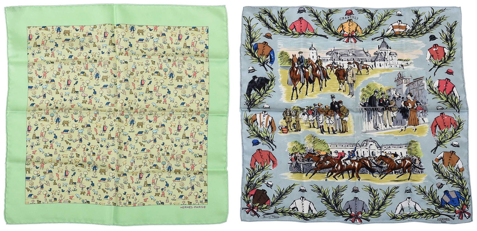 Two Hermes Silk Pocket Squares: France, each tagged "Made in France/100% silk/Dry clean only", one entitled Chantilly and signed "Maurice Taquoy", each approx. 16-3/4 x 16-1/2 in.Provenance: Private Collection