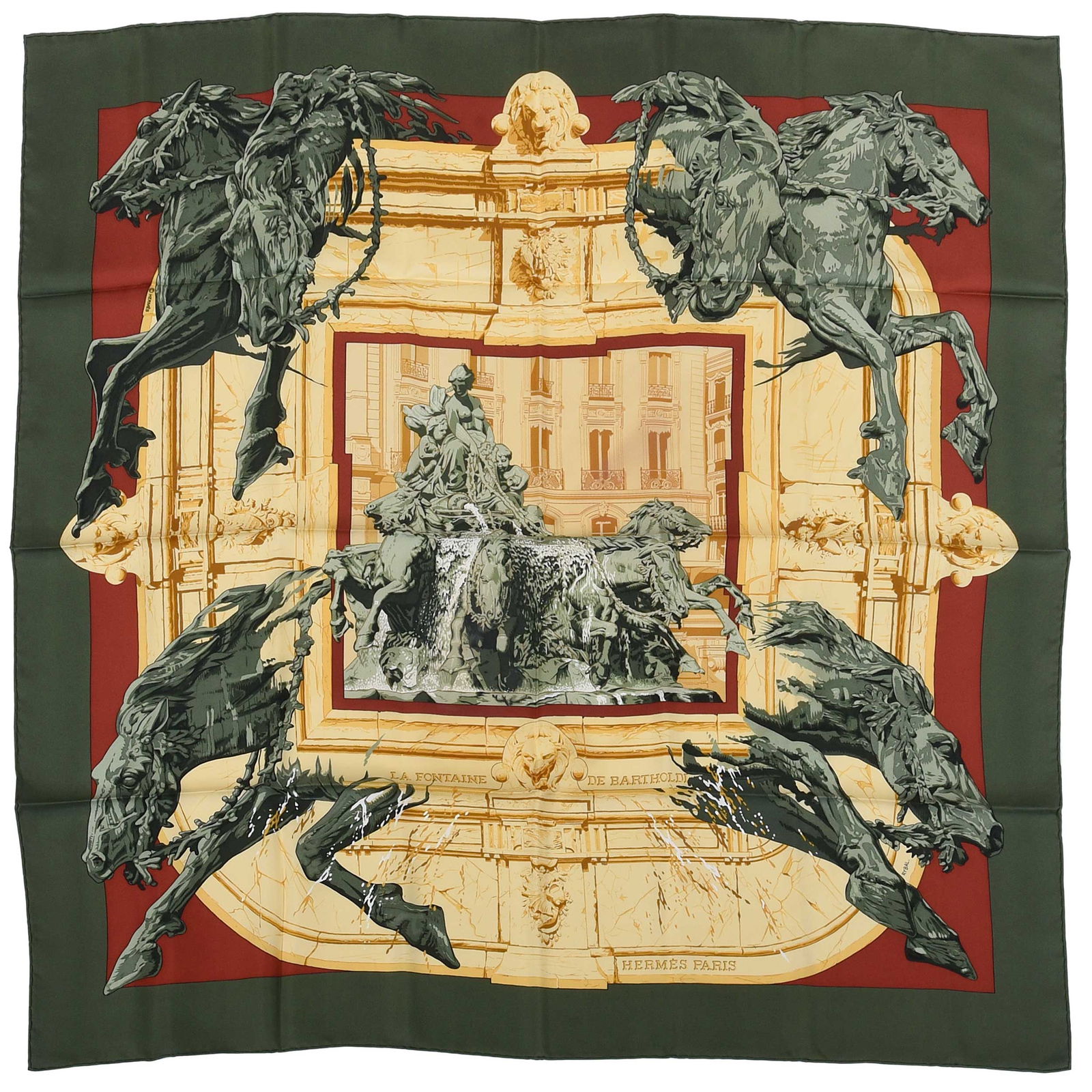 Hermes La Fontaine de Bartholdi Silk Scarf: France, designed by Vladimir Rybaltchenko, tag reads "Made in France/100% silk/Dry clean only", 35 x 35 in.Provenance: Private Collection