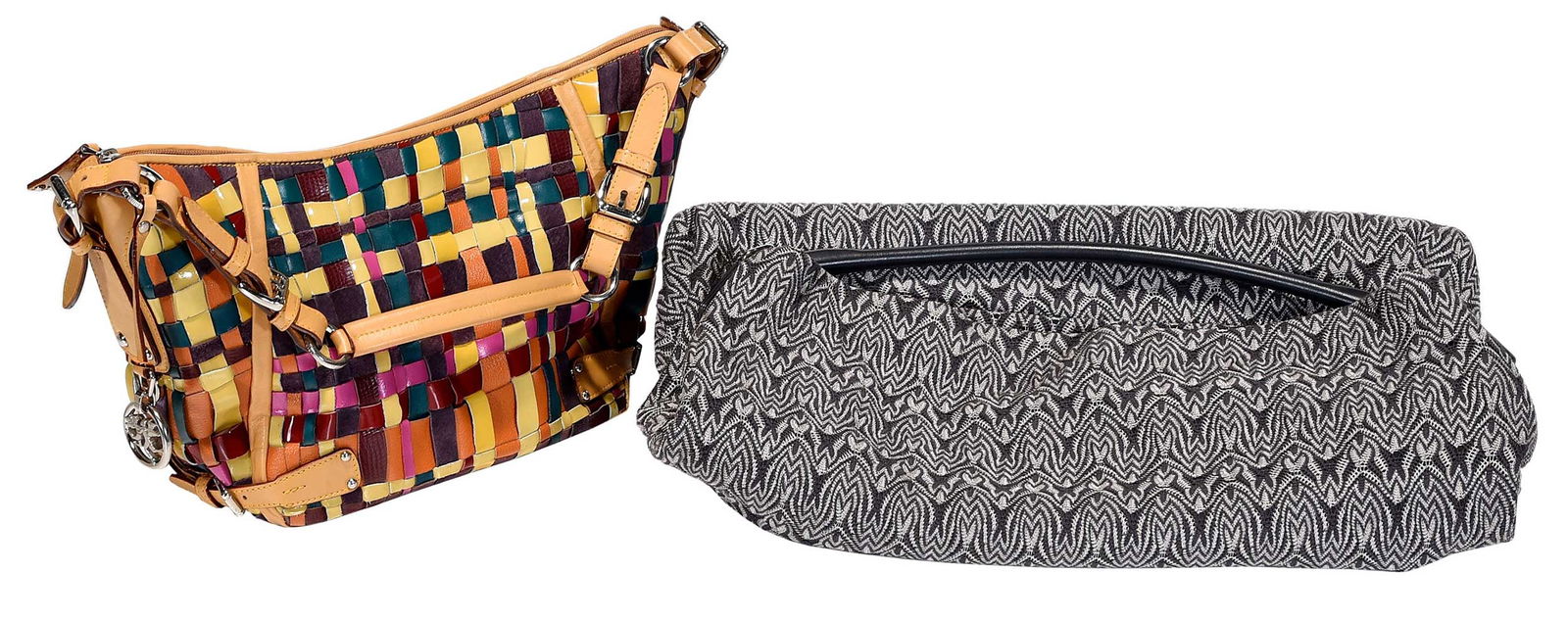 Missoni Knit Hobo Bag and Piero Guidi Intrecciato Leather Shoulder Bag: Italy, Missoni leather and knit bag, 15-3/4 x 19 x 5 in.; Piero Guidi woven multicolored leather bag, 9 x 17 x 5-1/2 in., strap drop 9 in.Provenance: Private Collection, Asheville, North Carolina