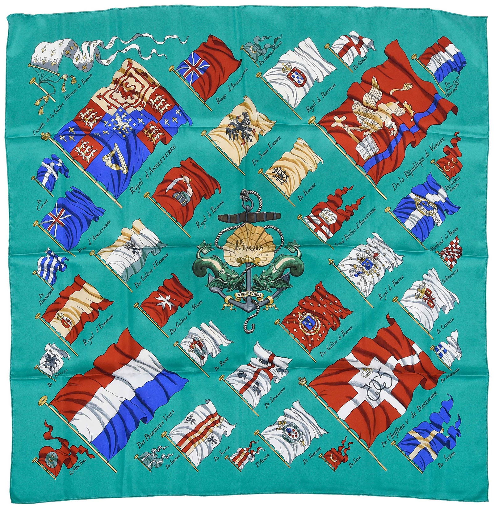 Hermes Pavois Silk Scarf: France, designed by Philippe Ledoux, tag reads "Made in France/100% silk/Dry clean only", 35 x 35 in.Provenance: Private Collection