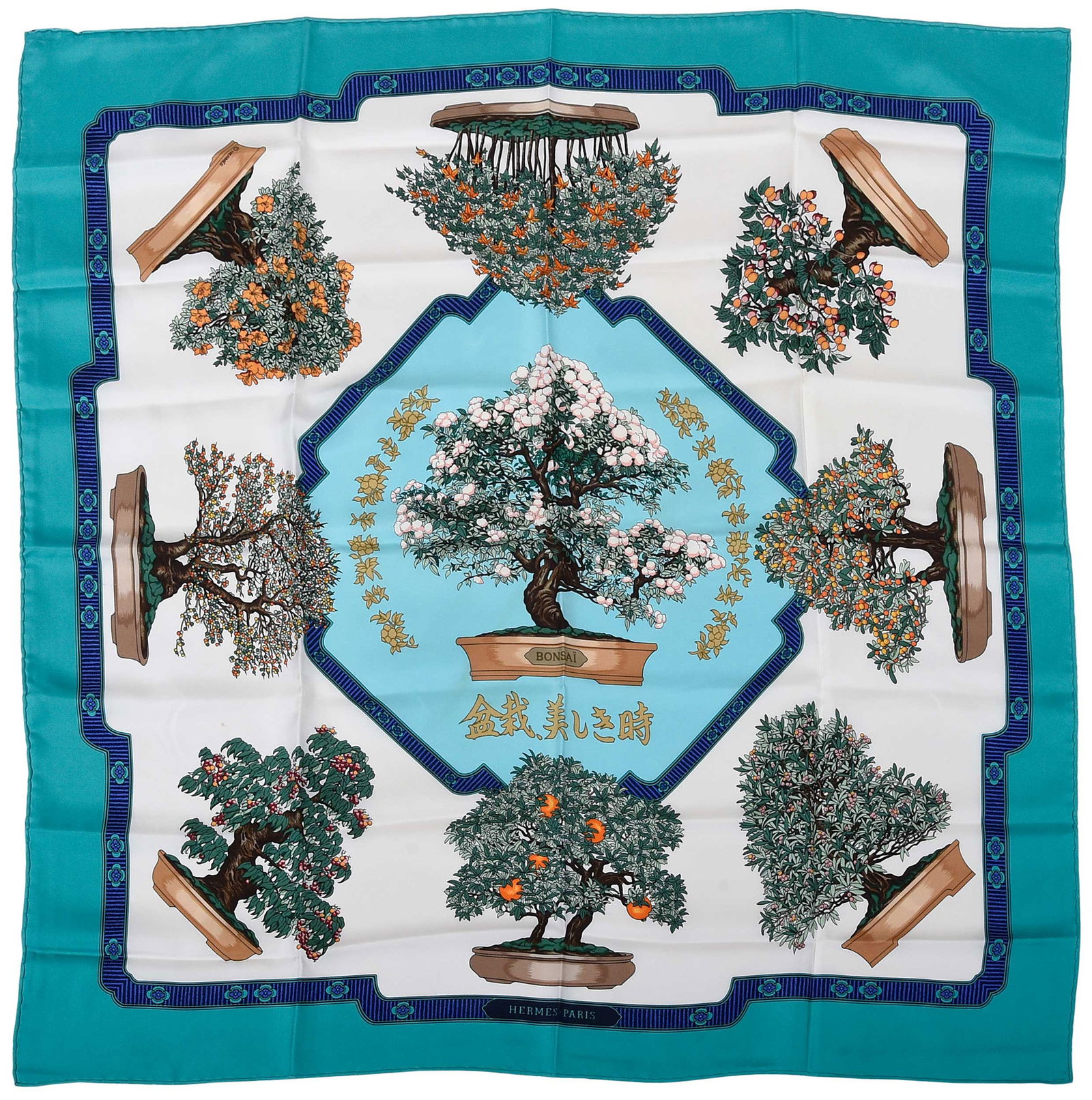 Hermes Les Beaux Jours des Bonsai Silk Scarf: France, designed by Catherine Baschet, tag reads "Made in France/100% silk/Dry clean only", 35 x 35 in.Provenance: Private Collection