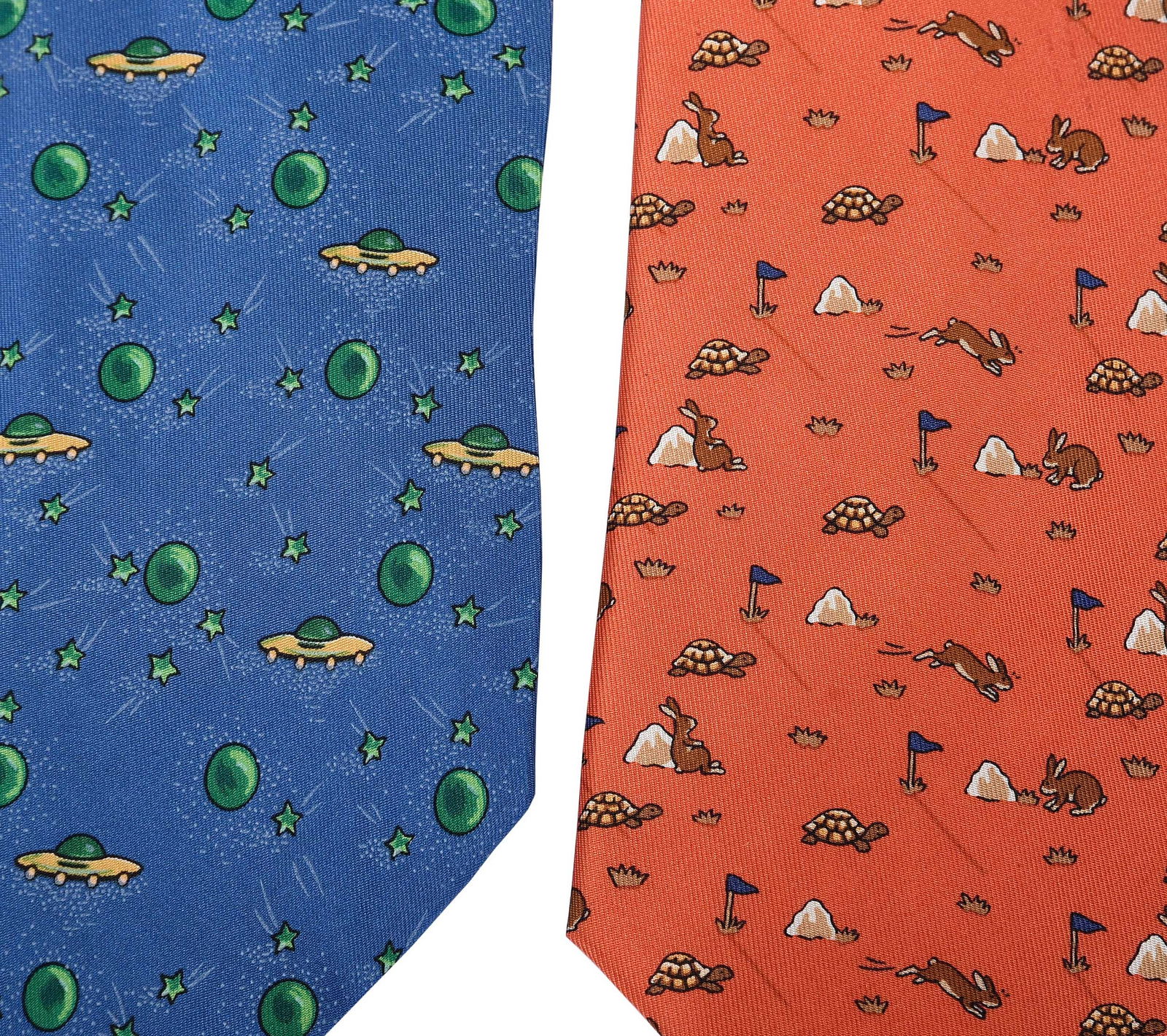 Two Hermes Silk Ties, Whimsical Themes: France, each tagged "100% silk/dry clean only", tortoise and the hare 56-3/4 x 3-1/2 in.; UFOs 57-1/4 x 3-1/2 in. Provenance: Private Collection