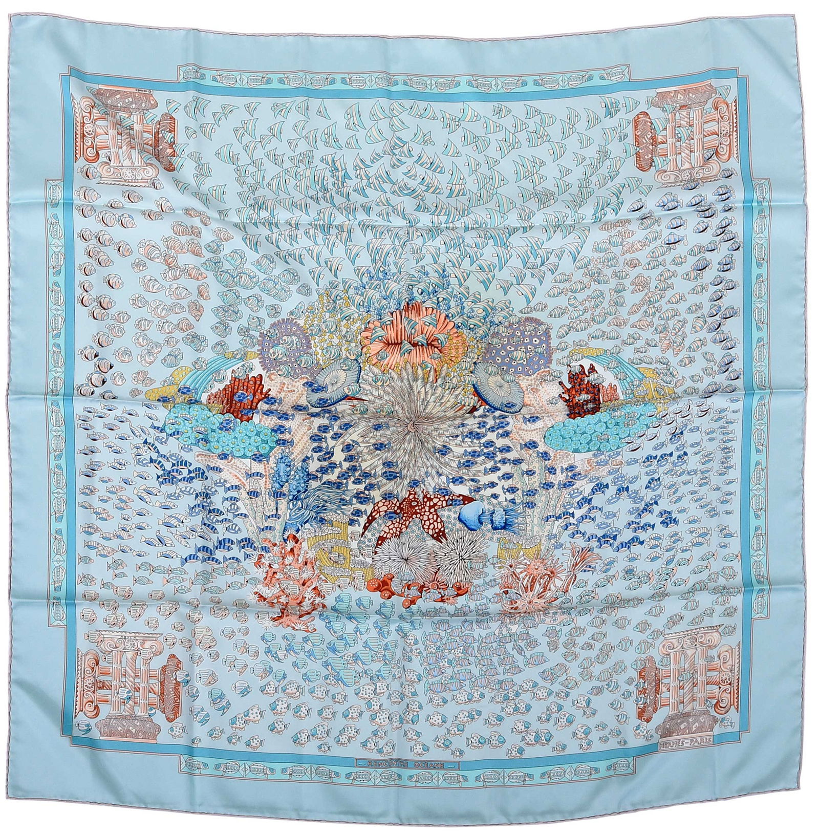 Hermes Rencontre Oceane Silk Scarf: France, designed by Annie Faivre, tag reads "Made in France/100% silk/Dry clean only", 35 x 35 in.Provenance: Private Collection