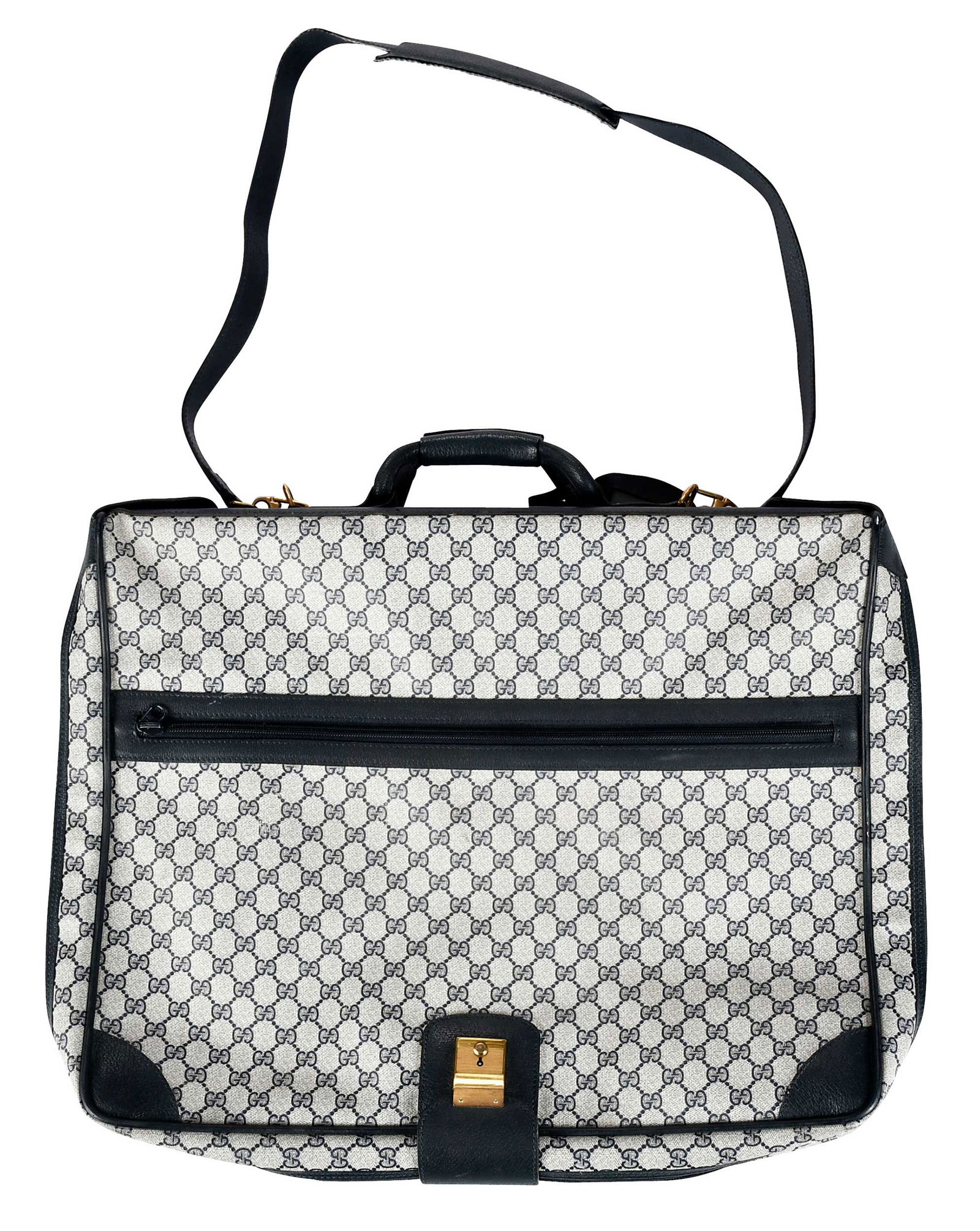 Gucci GG Canvas and Leather Garment Bag: Italy, navy blue leather accents, 18-3/4 x 23-1/2 x 4 in., strap drop 24 in. 