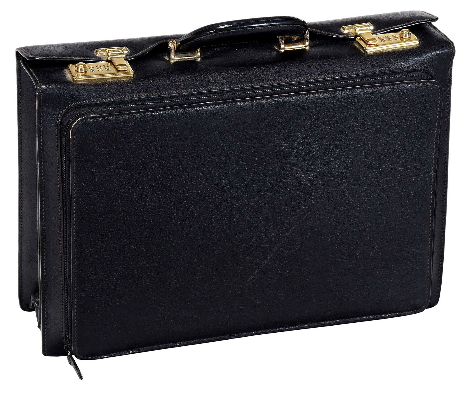 Gucci Black Leather Briefcase: Italy, mid to late 20th century, gold tone hardware and suede interior, 12 x 16-1/2 x 5-7/8 in. Provenance: Private Collection, Asheville, North Carolina