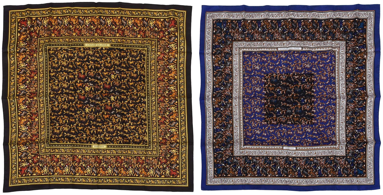 Two Hermes Chasse en Inde Silk Scarves: France, designed by Michel Duchene, tags read "Made in France/100% silk/Dry clean only", each 35 x 35 in. Provenance: Private Collection