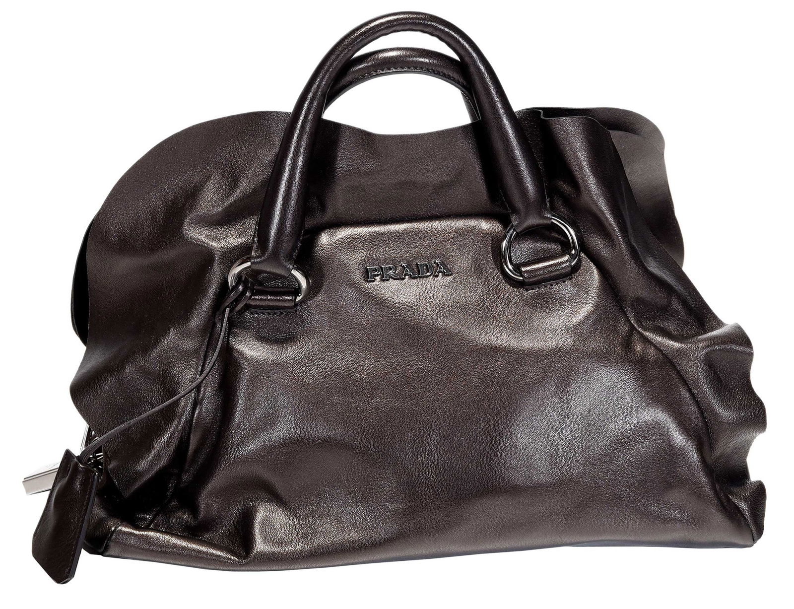 Prada Metallic Nappa Leather Ruffle Handbag: Italy, bronze or cacao mordore leather and silver tone hardware, 9 x 14 x 7 in., handle drop 4-3/8 in., with authenticity card and original tag Provenance: Private Collection, Asheville, North Carolin