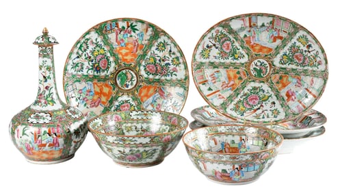 Seven Pieces of Chinese Export Rose Medallion Porcelain Serveware