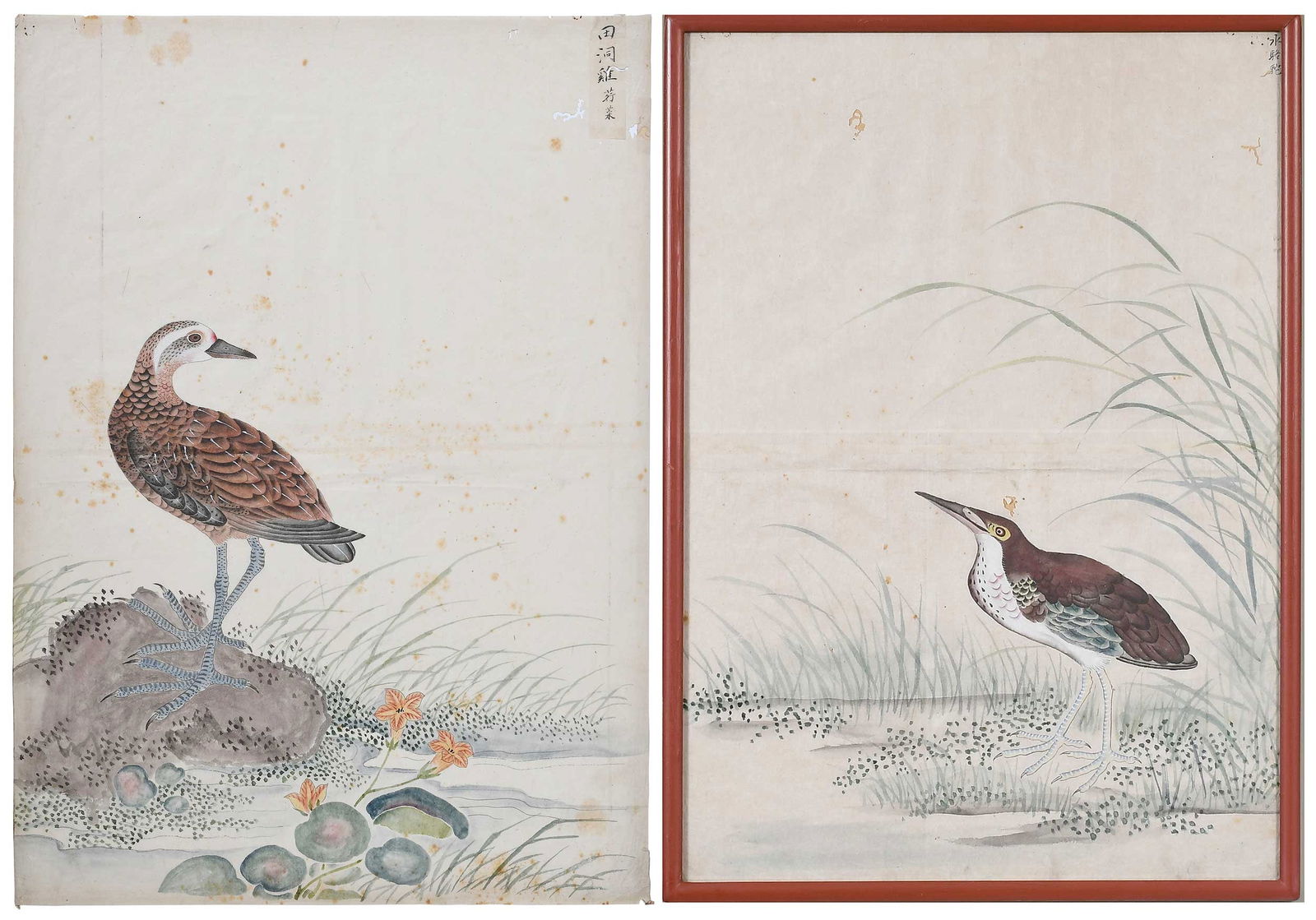 Pair of Qing Dynasty Chinese Paintings of Wading Birds: label reads: "Wading Birds / From a series of original bird and flower paintings by Yu Tseng-san, 1722-1736 / Of the time of the 2nd Manchu emperor, Yung Ching [Yongzheng] / Purchased in China 18