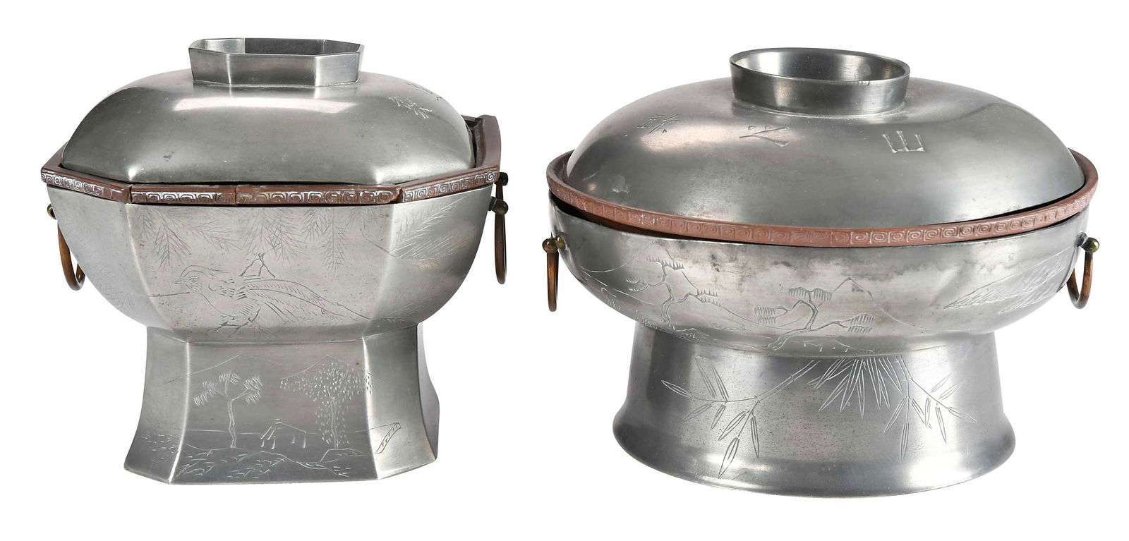 Two Chinese Lidded Pewter Serving Pieces with Ceramic Inserts, Anson Burlingame Provenance (1 of 7)