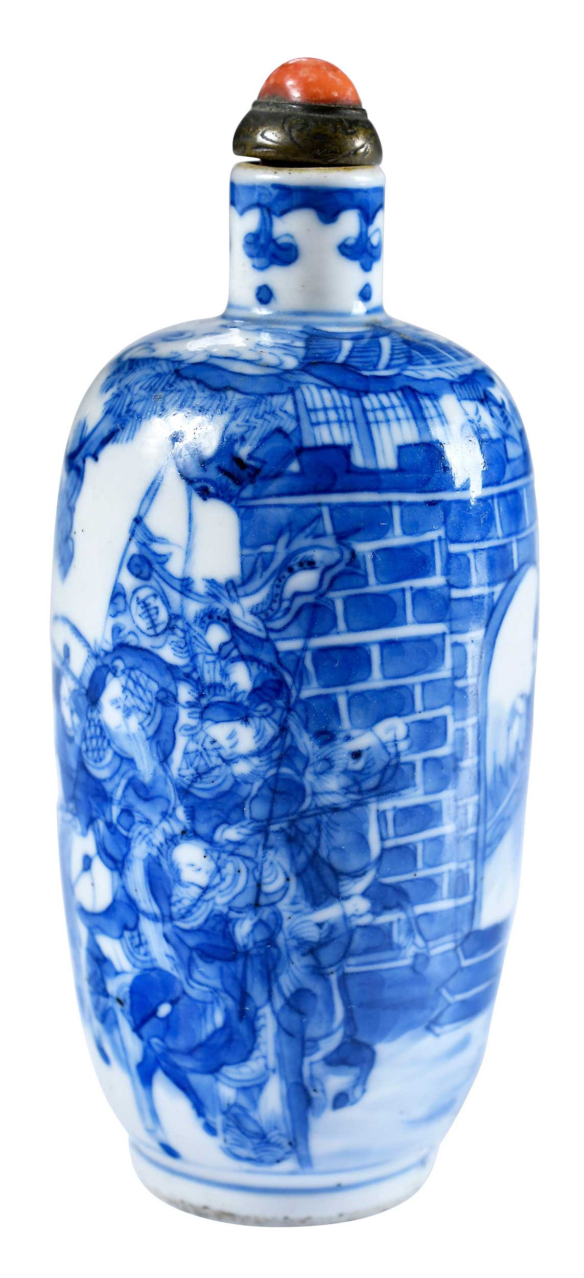 Chinese Miniature Blue and White Porcelain Snuff Bottle, Anson Burlingame Provenance: six character Wanli reign mark to base, underglaze blue and white decoration of warriors on horseback, coral cap and bone spoon, 4-1/2 x 1-1/2 x 1-1/2 in. Provenance: Anson Burlingame, Minister to Chi