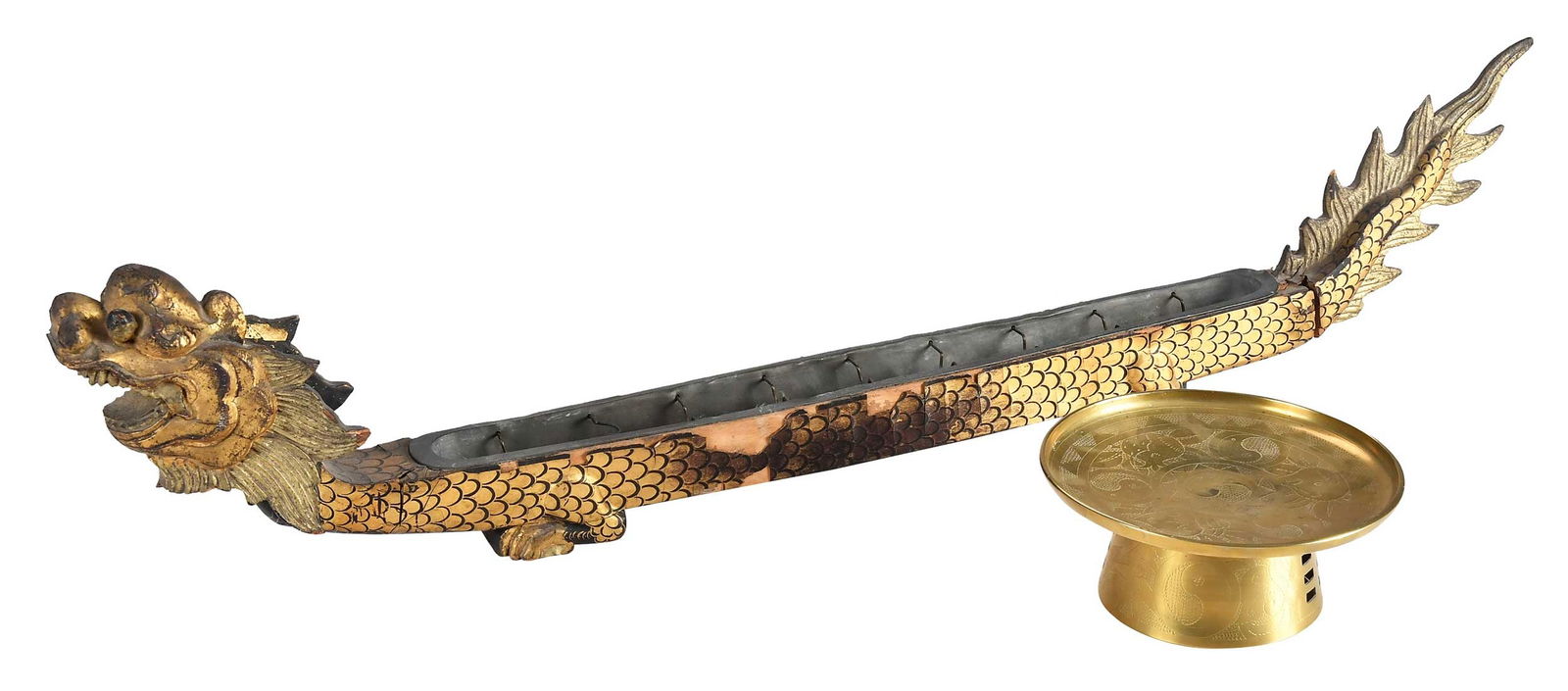 Chinese Black Lacquer and Gilt Dragon Fire Clock with Brass Dish, Anson Burlingame Provenance: dragon with metal insert, brass dish with engraved decoration, larger 27-1/4 x 6-1/2 x 1-7/8 in. Provenance: Anson Burlingame, Minister to China (1862-1867); by descent in family to his second great g