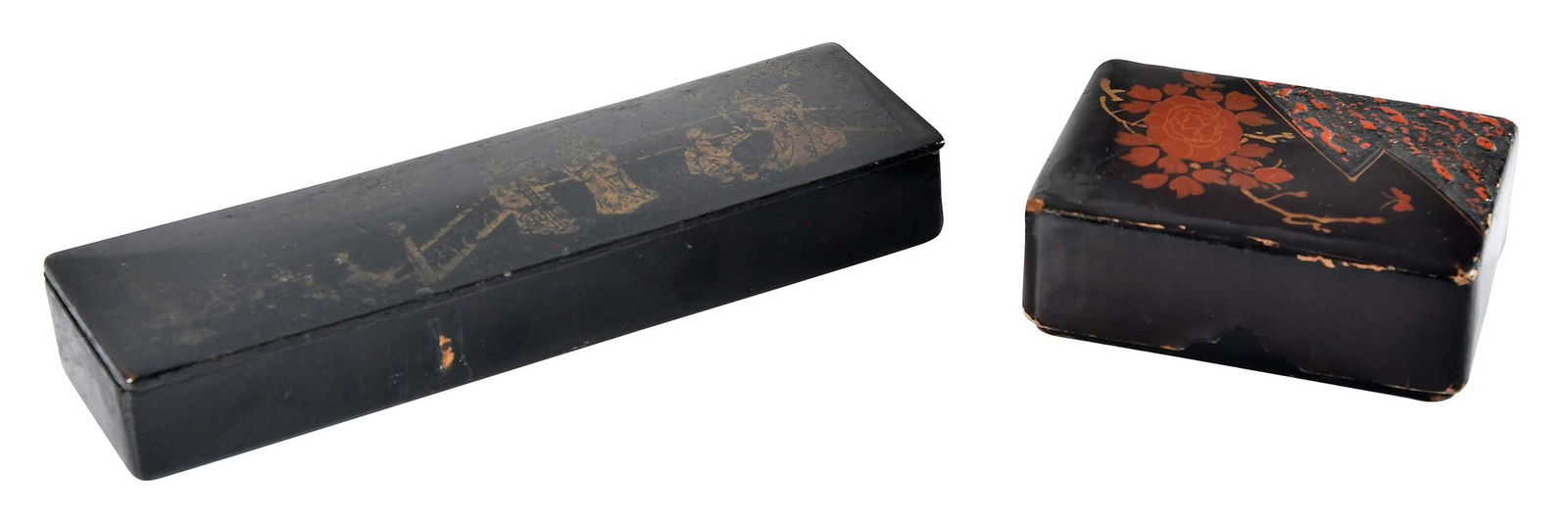 Two Black Lacquer Decorated Boxes, One With Bone Pick Up Sticks, Anson Burlingame Provenance: cardboard lift top box; hinged box opening to divided compartment with numerous carved bone pickup sticks modeled after tools and weapons; larger 7-7/8 x 2-3/8 x 1-1/4 in. Provenance: Anson Burlingame