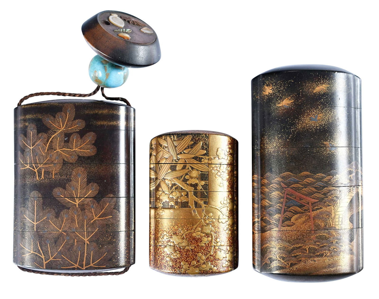 Three Japanese Lacquered and Gilt Inros (1 of 9)