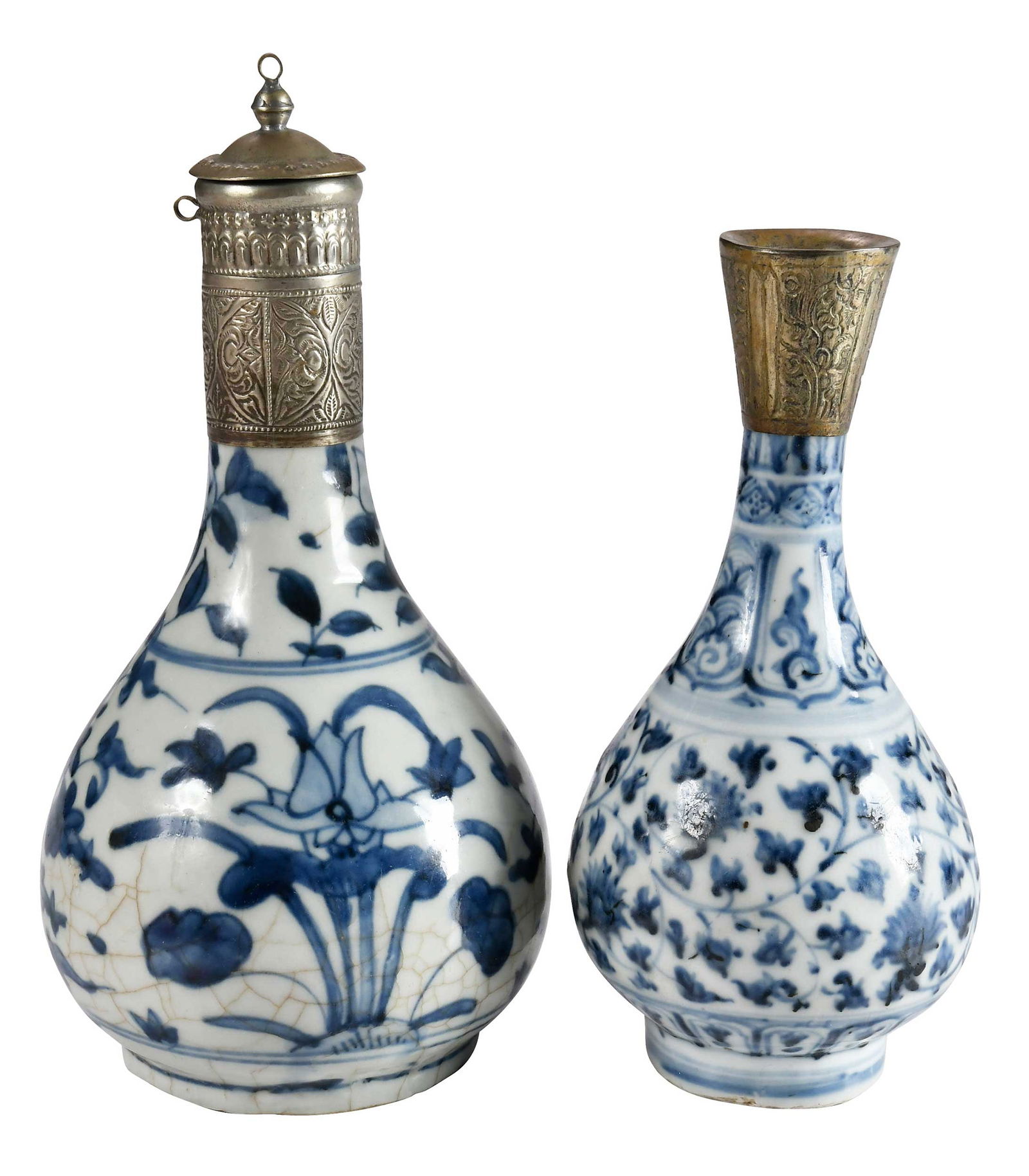 Two Chinese Blue and White Guglets with Tin Mountings: probably late Ming dynasty, one with matching tin cap, larger 9 x 4-1/2 x 4-1/2 in. Provenance: Private Virginia Collection