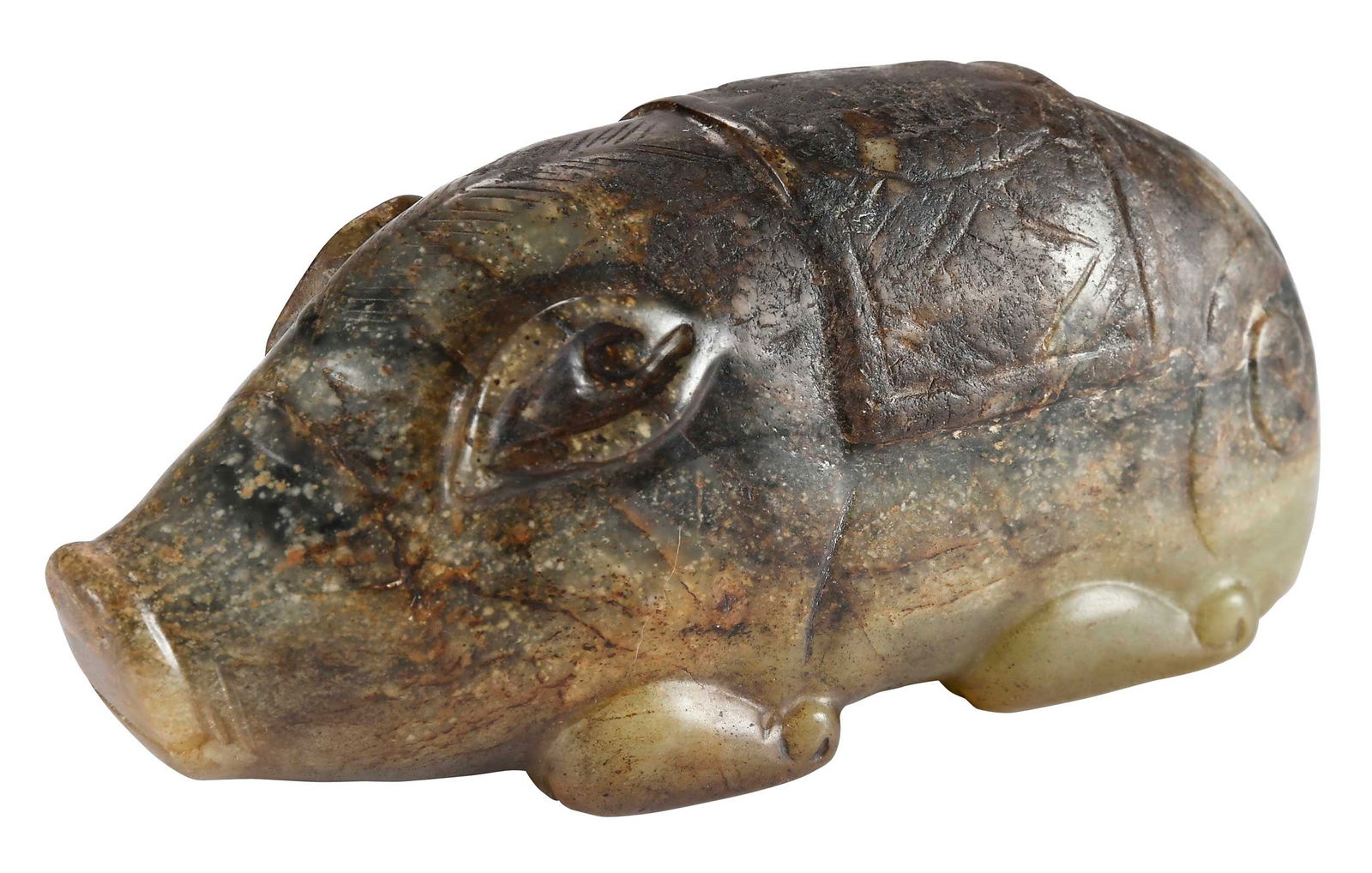 Chinese Carved Jade Sleeping Pig: olive green with black and brown inclusions, 2-3/8 x 5-1/4 x 2 in. Note: This item tested as nephrite on the Presidium Gem Tester II. 