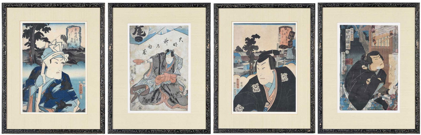 Utagawa Kunisada I: (Toyokuni III, Japanese, 1786-1865) Four portraits, artist's signature with toshidama seal or cartouche, publisher's seals, woodblock prints, each sight approximately 13 x 8-3/4 in.; carved wood frame