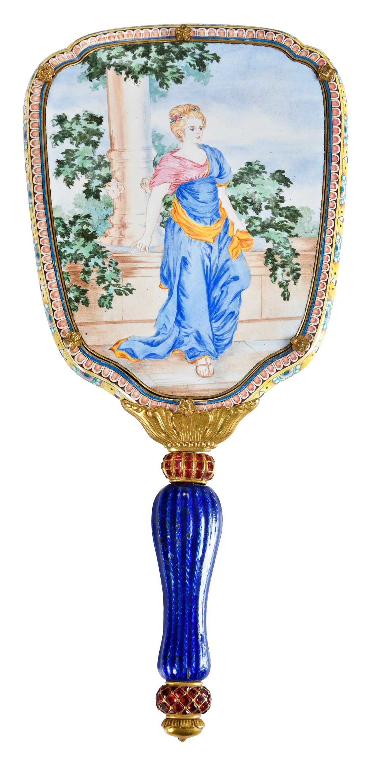 Enameled and Jeweled Hand Mirror in Brocade Box: Continental, 20th century, hand painted portrait of robed woman, gilt bronze mounts with enameled and glass jeweled handle, Chinese brocaded fabric covered box, 11 in. 