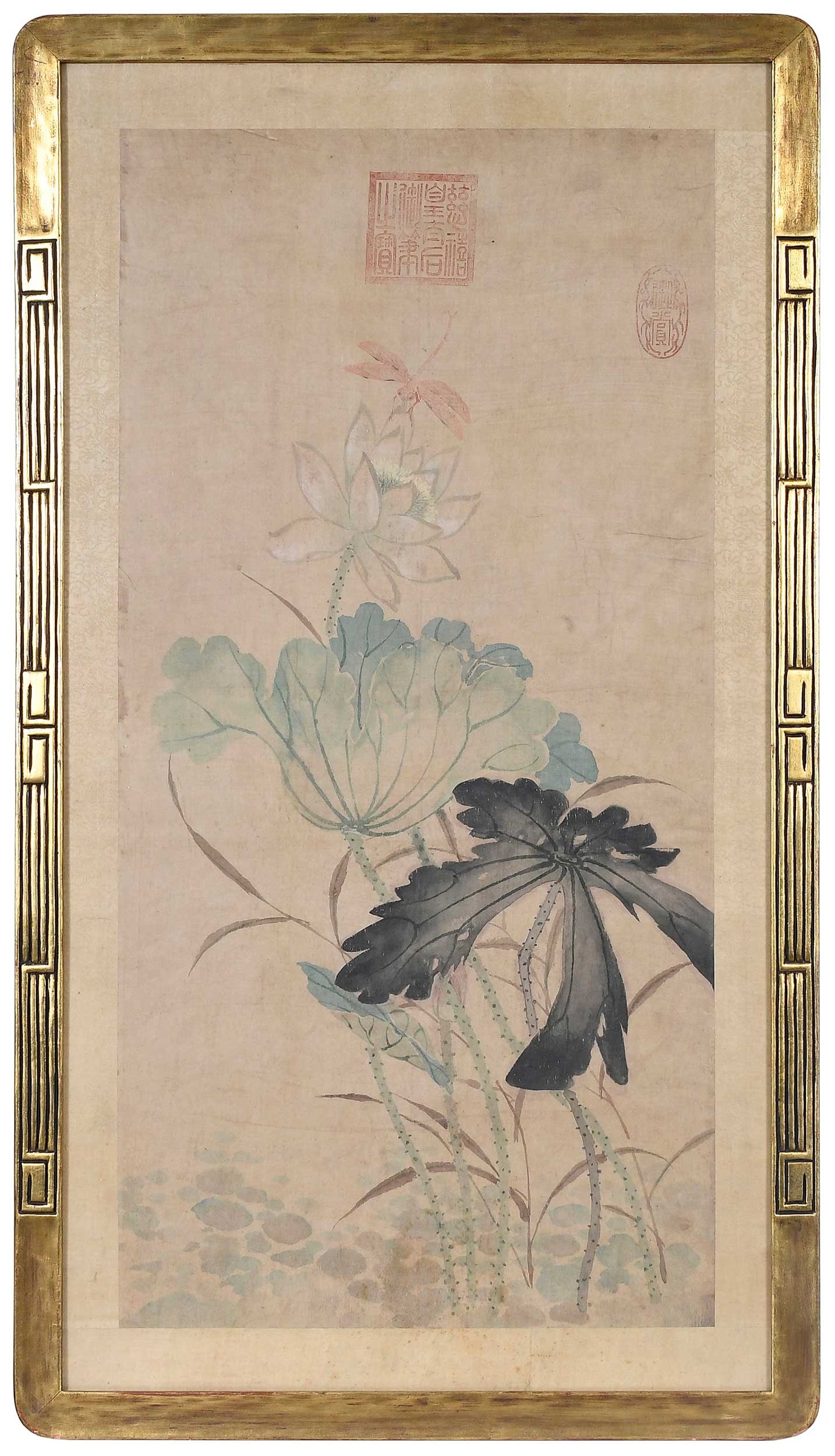 Large Framed Chinese Dragonfly and Lotus Painting on Silk (1 of 5)