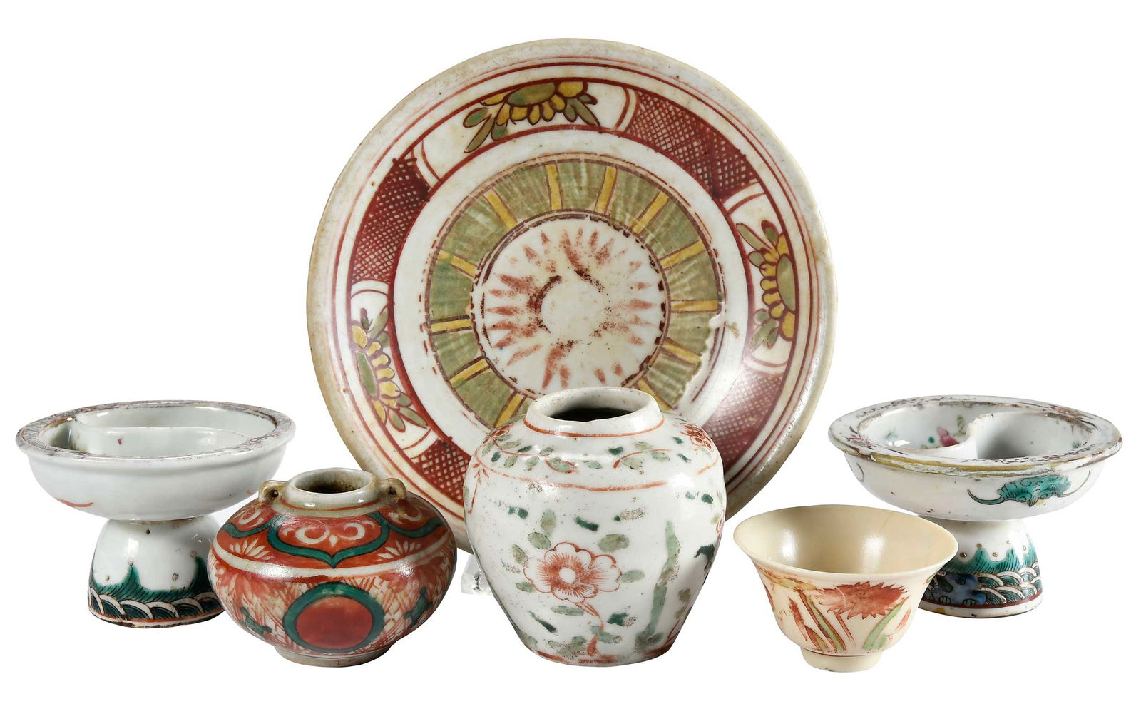 Six Chinese Polychrome and Enamel Decorated Table Objects: comprising: two jarlets; two footed dishes; one small cup; largest 1-1/4 x 7-1/2 x 7-1/2 in.Provenance: Private Virginia Collection
