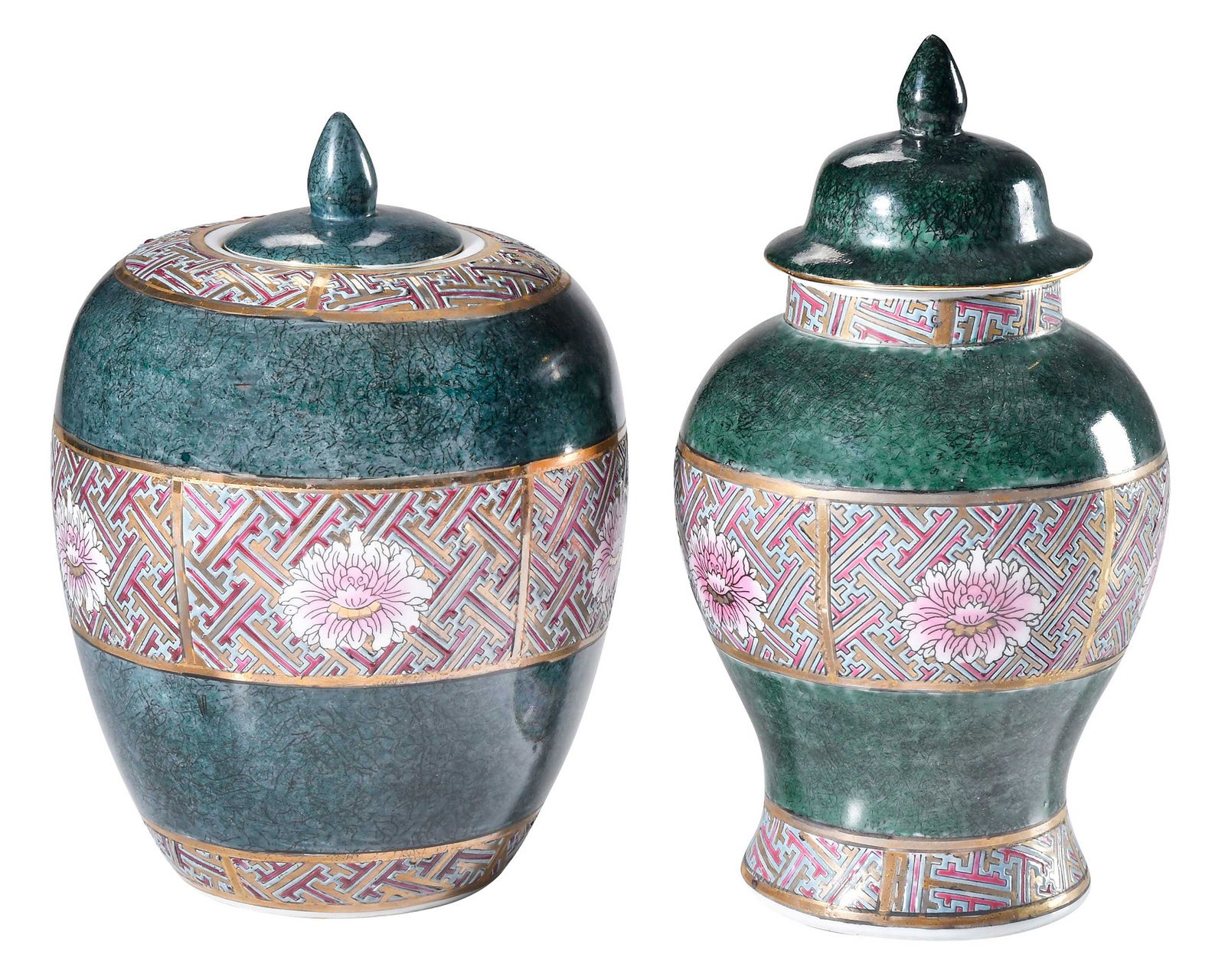 Two Chinese Enamel Decorated Porcelain Covered Jars: 20th century, modern maker's mark to bases, larger 11-5/8 x 6-1/4 x 6-1/4 in.Provenance: Private Collection, Atlanta