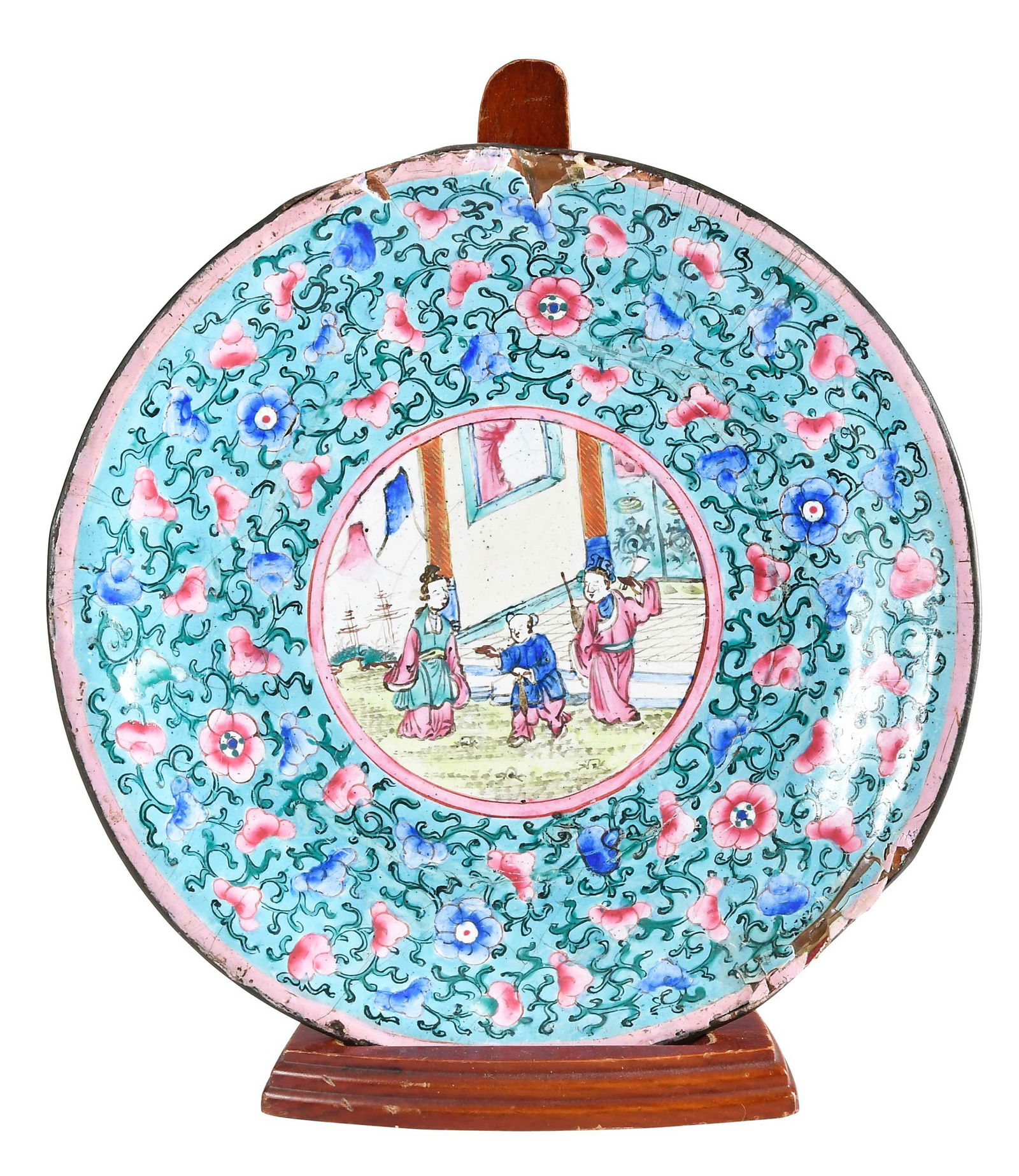 Chinese Enamel Decorated Dish on Stand: probably late Qing dynasty, copper plate with applied enamel floral and figural decoration, 7-1/8 x 7-1/8 x 1 in., with wood stand Provenance: Private Collection, Flat Rock, North Carolina