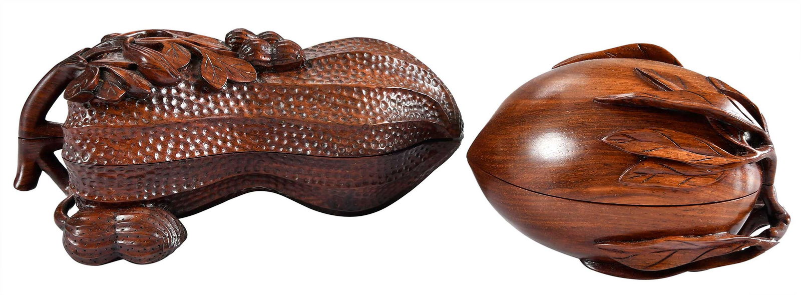 Two Chinese Carved Wood Fruit Form Boxes: 20th century, larger 4 x 9-3/8 x 4 in.Provenance: Private Collection, Atlanta