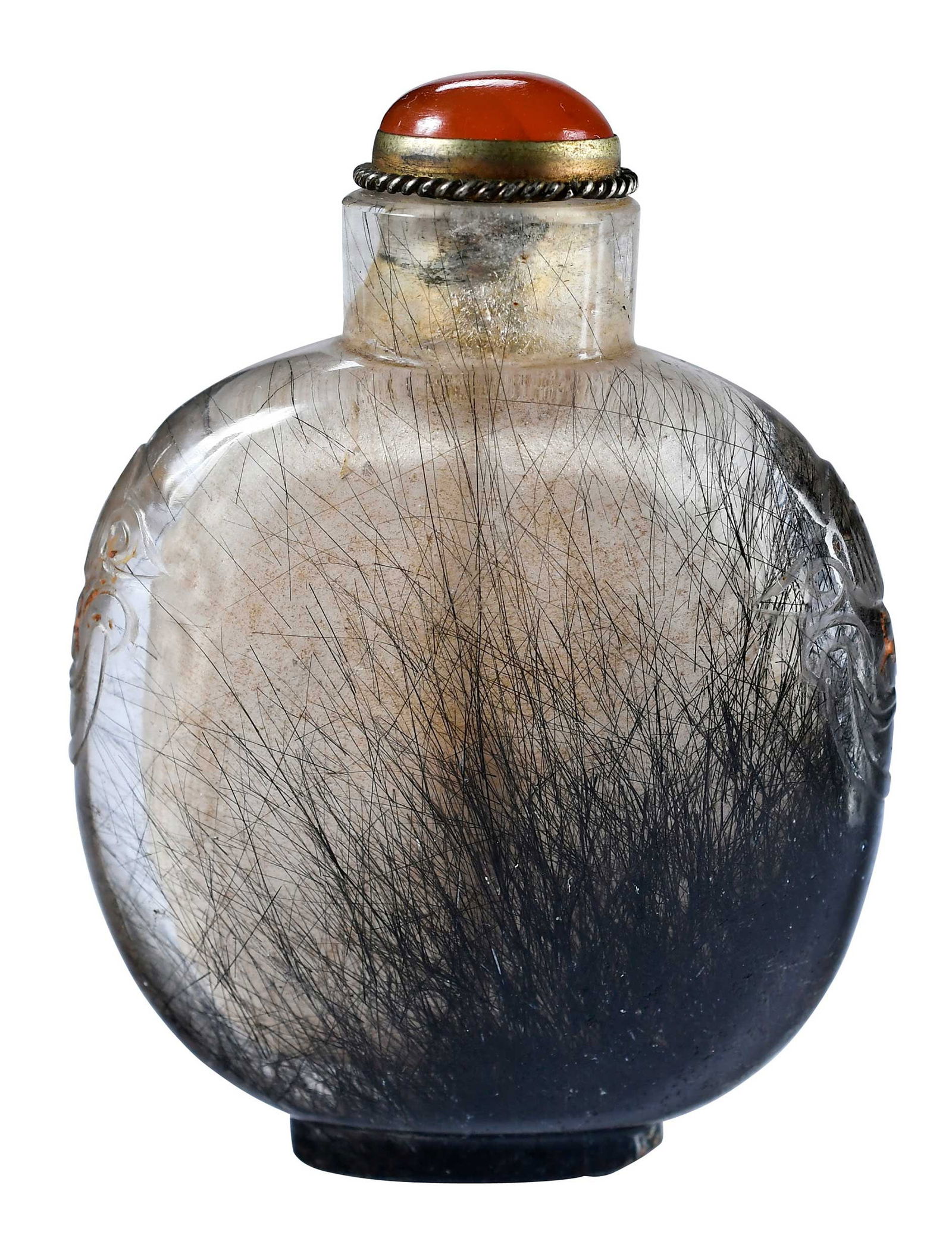 Chinese Carved Rutilated Quartz Snuff Bottle: clear with fine black inclusions, orange stone cap with metal spoon, 2-3/4 x 2 x 3/4 in.Provenance: The Lifetime Collection of Ronald Elliott Hasbrouck Woodaman (1937-2025), Virginia