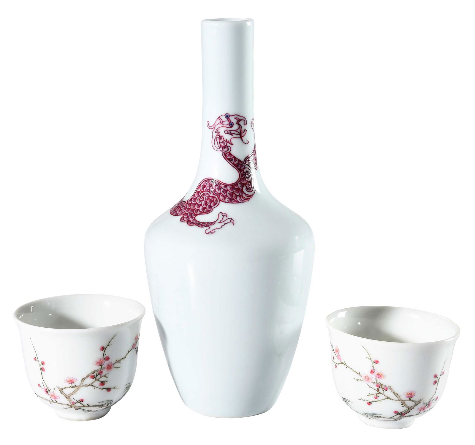 Chinese Enameled Porcelain Bottle Vase and Pair of Teacups (1 of 7)