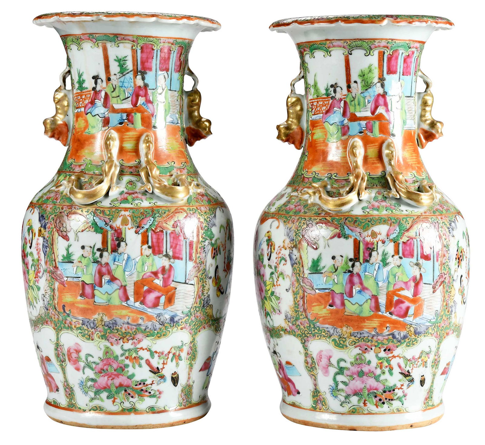 Pair of Chinese Famille Rose Porcelain Vases: possibly late Qing dynasty, molded and gilt chilong and fu lions, figural and floral decoration, 14 x 7 x 7 in. Provenance: Collection of William W. Sauer, Virginia Beach, Virginia; sold to benefit th