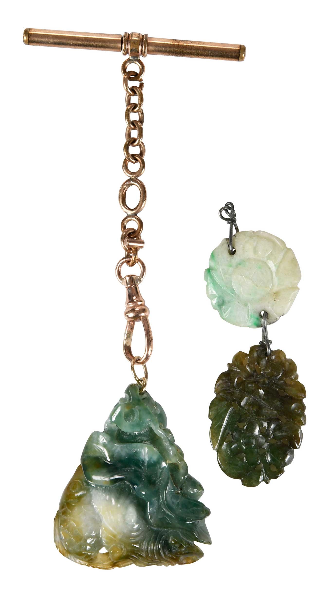 Three Carved Jade Items: with natural inclusions, one on gold-tone chain with 10kt clasp and toggle, largest 1-3/8 x 1-/18 x 3/8 in. (excluding chain) Provenance: Estate of Gary L. Johnson, Virginia Note: These items tested a