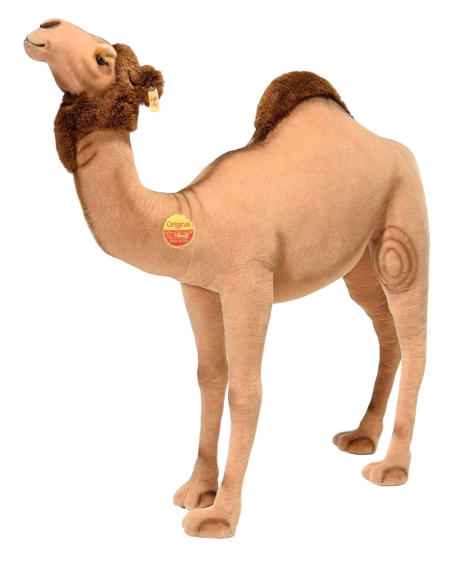 Monumental Steiff Camel: German, 20th century, original tags and ear pin, 62-1/2 x 62 x 16-1/2 in.Provenance: Private Collection, Georgetown, South Carolina 