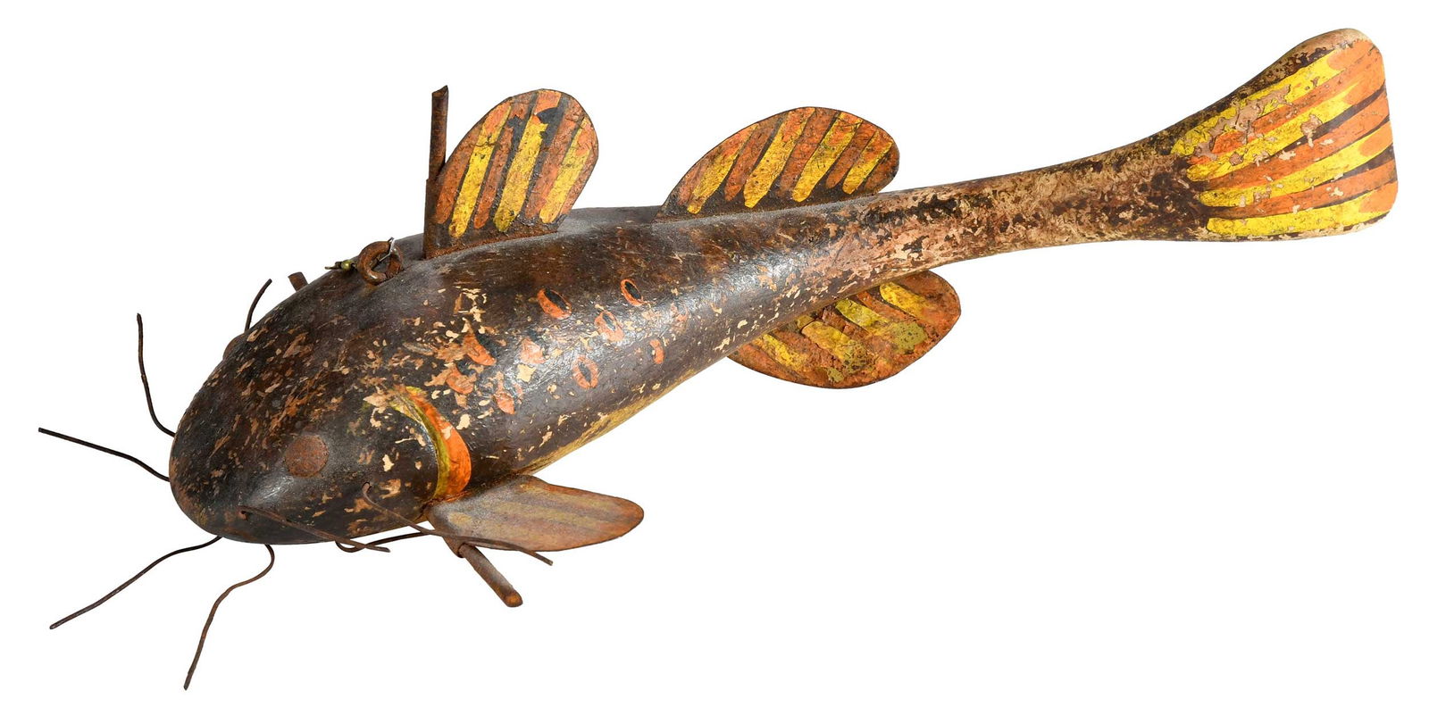 Carved and Painted Catfish Decoy: American, 20th century, wood and metal construction, 4 x 12-1/2 x 6-3/4 in. Provenance: Private Collection, Georgetown, South Carolina