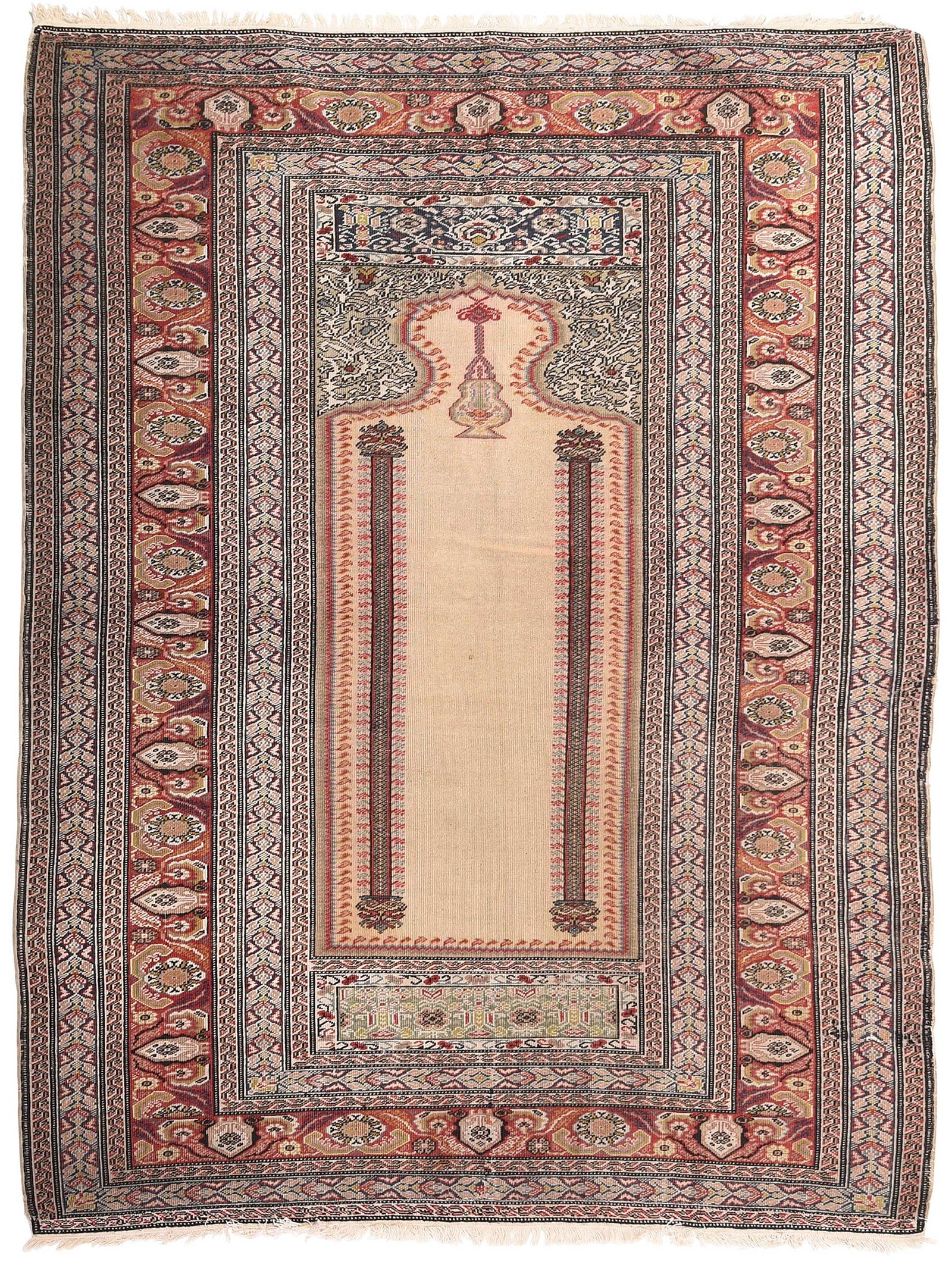 Prayer Rug: early 20th century, columns, hanging lantern, tan field, 5 ft. 6 in. x 4 ft. 2 in. Provenance: Private Collection, Asheville, North Carolina