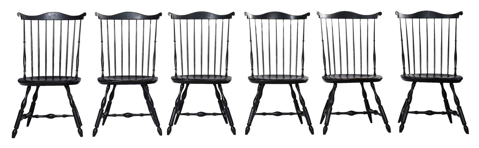 Set of Six R. Drew Lausch Painted Maple Comb Back Windsor Side Chairs: Pennsylvania, 20th century, scrolled ear crest rails, turned stiles, turned legs and stretcher, "RDL" stamped to seats at back edge and underneath, 37 x 21-1/2 x 18 in., seat height 17-3/4