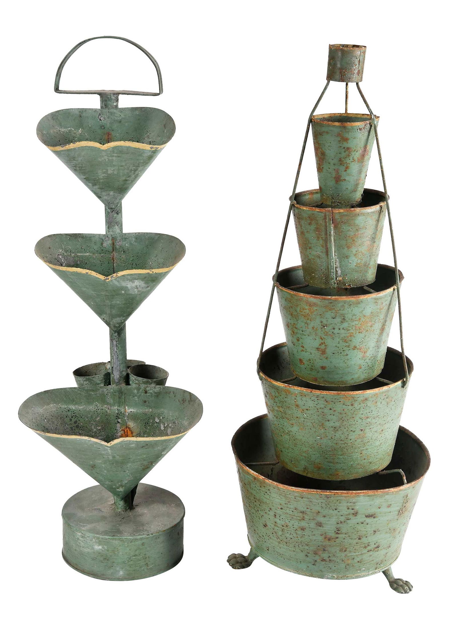 Two Green Painted Tole Tulipieres: 20th century, each descending form in green paint with yellow highlights, larger 17-1/4 x 5-3/4 x 5-3/4 in. 